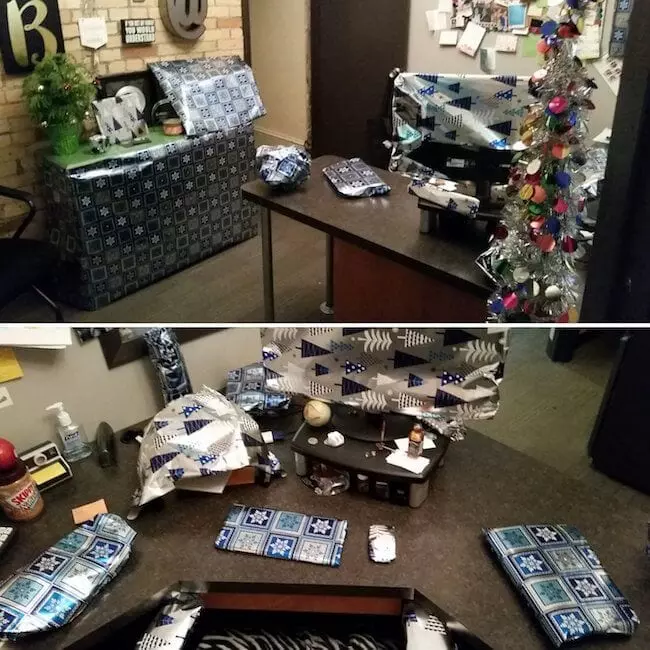 wrapping paper desk prank